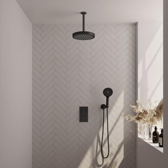 Brauer Stripe Thermostatische Inbouw Regendouche - 3-weg - rechthoekig - SET 18 - 25cm douchekop - plafondarm - 3-standen handdouche - doucheslang - wandaansluitbocht - mat zwart 5-S-399