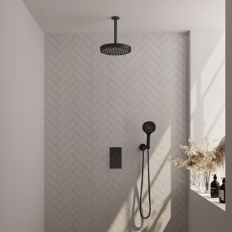 Brauer Stripe Thermostatische Inbouw Regendouche - 3-weg - rechthoekig - SET 18 - 25cm douchekop - plafondarm - 3-standen handdouche - doucheslang - wandaansluitbocht - mat zwart 5-S-399