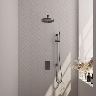 Brauer Stripe Thermostatische Inbouw Regendouche - 3-weg - rechthoekig - SET 19 - 25cm douchekop - rechte muurarm - staaf handdouche - doucheslang - geïntegreerde glijstang - gunmetal geborsteld PVD 5-GM-401 gunmetal (antraciet)