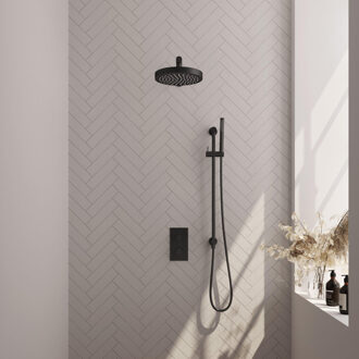 Brauer Stripe Thermostatische Inbouw Regendouche - 3-weg - rechthoekig - SET 19 - 25cm douchekop - rechte muurarm - staaf handdouche - doucheslang - geïntegreerde glijstang - mat zwart 5-S-401