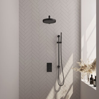 Brauer Stripe Thermostatische Inbouw Regendouche - 3-weg - rechthoekig - SET 19 - 25cm douchekop - rechte muurarm - staaf handdouche - doucheslang - geïntegreerde glijstang - mat zwart 5-S-401