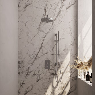 Brauer Stripe thermostatische inbouw regendouche 3-weg rechthoekig SET 19 met 25 cm douchekop en rechte muurarm en staaf handdouche en doucheslang en geintegreerde glijstang RVS-kleurig geborsteld PVD