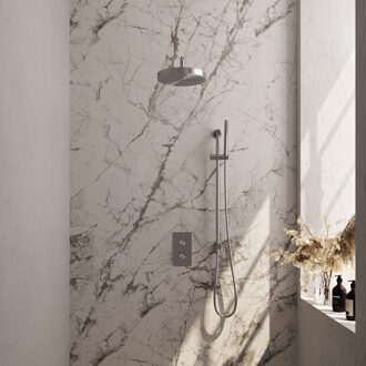 Brauer Stripe thermostatische inbouw regendouche 3-weg rechthoekig SET 20 met 25 cm douchekop en gebogen muurarm en staaf handdouche en doucheslang en geintegreerde glijstang RVS-kleurig geborsteld PVD