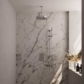 Brauer Stripe thermostatische inbouw regendouche 3-weg rechthoekig SET 21 met 25 cm douchekop en plafondarm en staaf handdouche en doucheslang en geintegreerde glijstang chroom