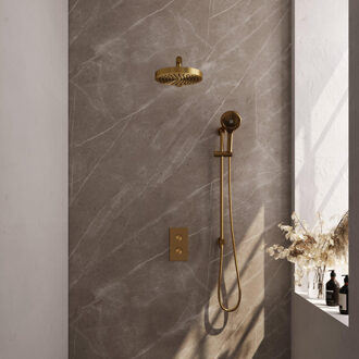 Brauer Stripe Thermostatische Inbouw Regendouche - 3-weg - rechthoekig - SET 22 - 25cm douchekop - rechte muurarm - 3-standen handdouche - doucheslang - geïntegreerde glijstang - goud geborsteld PVD 5-GG-407