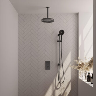 Brauer Stripe Thermostatische Inbouw Regendouche - 3-weg - rechthoekig - SET 24 - 25cm douchekop - plafondarm - 3-standen handdouche - doucheslang - geïntegreerde glijstang - gunmetal geborsteld PVD 5-GM-411 gunmetal (antraciet)