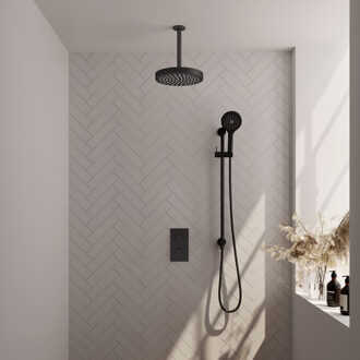 Brauer Stripe Thermostatische Inbouw Regendouche - 3-weg - rechthoekig - SET 24 - 25cm douchekop - plafondarm - 3-standen handdouche - doucheslang - geïntegreerde glijstang - mat zwart 5-S-411