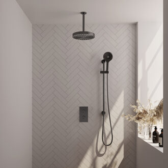 Brauer Stripe thermostatische inbouw regendouche 3-weg rechthoekig SET 24 met 25 cm douchekop en plafondarm en 3-standen handdouche en doucheslang en geintegreerde glijstang gunmetal geborsteld PVD