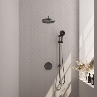 Brauer Stripe Thermostatische Inbouw Regendouche - 3-weg - rond - 25cm douchekop - gebogen muurarm - 3-standen handdouche - doucheslang - geïntegreerde glijstang - gunmetal geborsteld PVD 5-GM-457 gunmetal (antraciet)