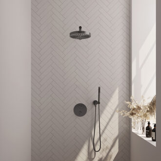 Brauer Stripe Thermostatische Inbouw Regendouche - 3-weg - rond - SET 37 - 25cm douchekop - rechte muurarm - staaf handdouche - doucheslang - wandaansluitbocht - gunmetal geborsteld PVD 5-GM-437 gunmetal (antraciet)