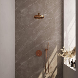 Brauer Stripe Thermostatische Inbouw Regendouche - 3-weg - rond - SET 37 - 25cm douchekop - rechte muurarm - staaf handdouche - doucheslang - wandaansluitbocht - koper geborsteld PVD 5-GK-437
