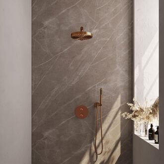 Brauer Stripe Thermostatische Inbouw Regendouche - 3-weg - rond - SET 37 - 25cm douchekop - rechte muurarm - staaf handdouche - doucheslang - wandaansluitbocht - koper geborsteld PVD 5-GK-437