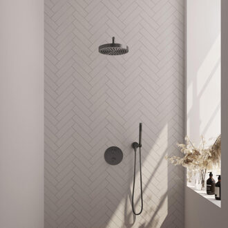 Brauer Stripe Thermostatische Inbouw Regendouche - 3-weg - rond - SET 38 - 25cm douchekop - gebogen muurarm - staaf handdouche - doucheslang - wandaansluitbocht - gunmetal geborsteld PVD 5-GM-439 gunmetal (antraciet)