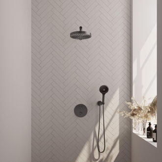 Brauer Stripe Thermostatische Inbouw Regendouche - 3-weg - rond - SET 40 - 25cm douchekop - rechte muurarm - 3-standen handdouche - doucheslang - wandaansluitbocht - gunmetal geborsteld PVD 5-GM-443 gunmetal (antraciet)