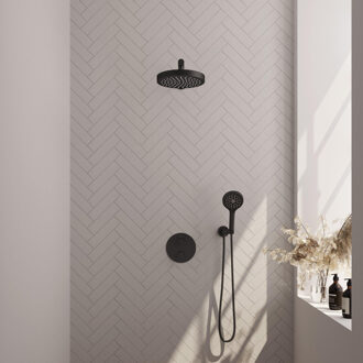 Brauer Stripe Thermostatische Inbouw Regendouche - 3-weg - rond - SET 40 - 25cm douchekop - rechte muurarm - 3-standen handdouche - doucheslang - wandaansluitbocht - mat zwart 5-S-443