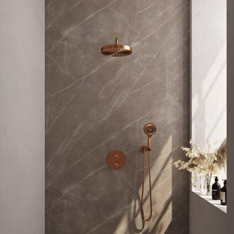 Brauer Stripe Thermostatische Inbouw Regendouche - 3-weg - rond - SET 41 - 25cm douchekop - gebogen muurarm - 3-standen handdouche - doucheslang - wandaansluitbocht - koper geborsteld PVD 5-GK-445