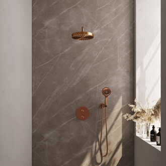 Brauer Stripe Thermostatische Inbouw Regendouche - 3-weg - rond - SET 41 - 25cm douchekop - gebogen muurarm - 3-standen handdouche - doucheslang - wandaansluitbocht - koper geborsteld PVD 5-GK-445