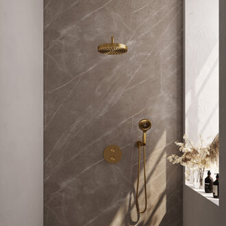 Brauer Stripe thermostatische inbouw regendouche 3-weg rond SET 41 met 25 cm douchekop en gebogen muurarm en 3-standen handdouche en doucheslang en wandaansluitbocht goud geborsteld PVD