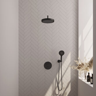 Brauer Stripe thermostatische inbouw regendouche 3-weg rond SET 41 met 25 cm douchekop en gebogen muurarm en 3-standen handdouche en doucheslang en wandaansluitbocht mat zwart