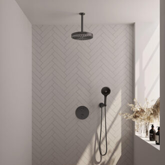 Brauer Stripe Thermostatische Inbouw Regendouche - 3-weg - rond - SET 42 - 25cm douchekop - plafondarm - 3-standen handdouche - doucheslang - wandaansluitbocht - gunmetal geborsteld PVD 5-GM-447 gunmetal (antraciet)