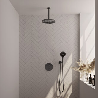 Brauer Stripe thermostatische inbouw regendouche 3-weg rond SET 42 met 25 cm douchekop en plafondarm en 3-standen handdouche en doucheslang en wandaansluitbocht gunmetal geborsteld PVD