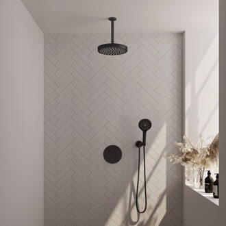 Brauer Stripe thermostatische inbouw regendouche 3-weg rond SET 42 met 25 cm douchekop en plafondarm en 3-standen handdouche en doucheslang en wandaansluitbocht mat zwart