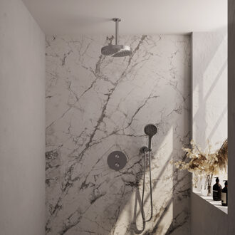 Brauer Stripe thermostatische inbouw regendouche 3-weg rond SET 42 met 25 cm douchekop en plafondarm en 3-standen handdouche en doucheslang en wandaansluitbocht RVS-kleurig geborsteld PVD