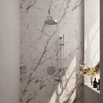 Brauer Stripe thermostatische inbouw regendouche 3-weg rond SET 43 met 25 cm douchekop en rechte muurarm en staaf handdouche en doucheslang en geintegreerde glijstang chroom