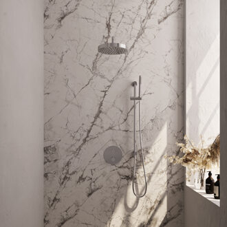 Brauer Stripe thermostatische inbouw regendouche 3-weg rond SET 44 met 25 cm douchekop en gebogen muurarm en staaf handdouche en doucheslang en geintegreerde glijstang chroom