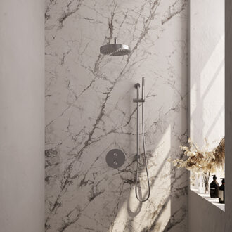 Brauer Stripe thermostatische inbouw regendouche 3-weg rond SET 44 met 25 cm douchekop en gebogen muurarm en staaf handdouche en doucheslang en geintegreerde glijstang RVS-kleurig geborsteld PVD