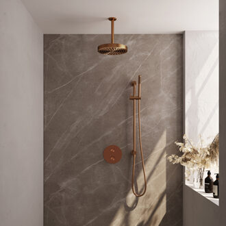 Brauer Stripe Thermostatische Inbouw Regendouche - 3-weg - rond - SET 45 - 25cm douchekop - plafondarm - staaf handdouche - doucheslang - geïntegreerde glijstang - koper geborsteld PVD 5-GK-453