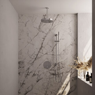 Brauer Stripe thermostatische inbouw regendouche 3-weg rond SET 45 met 25 cm douchekop en plafondarm en staaf handdouche en doucheslang en geintegreerde glijstang chroom