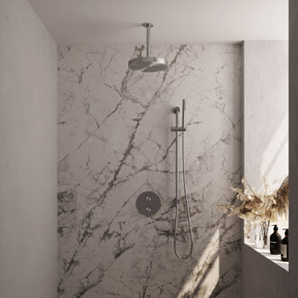 Brauer Stripe thermostatische inbouw regendouche 3-weg rond SET 45 met 25 cm douchekop en plafondarm en staaf handdouche en doucheslang en geintegreerde glijstang RVS-kleurig geborsteld PVD