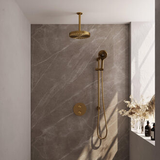 Brauer Stripe Thermostatische Inbouw Regendouche - 3-weg - rond - SET 48 - 25cm douchekop - plafondarm - 3-standen handdouche - doucheslang - geïntegreerde glijstang - goud geborsteld PVD 5-GG-459