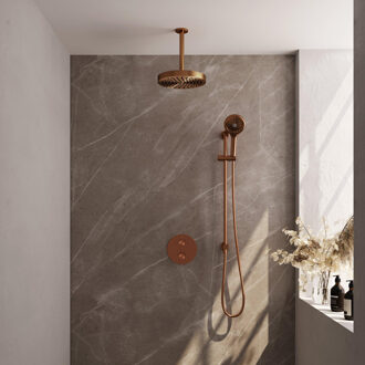 Brauer Stripe Thermostatische Inbouw Regendouche - 3-weg - rond - SET 48 - 25cm douchekop - plafondarm - 3-standen handdouche - doucheslang - geïntegreerde glijstang - koper geborsteld PVD 5-GK-459