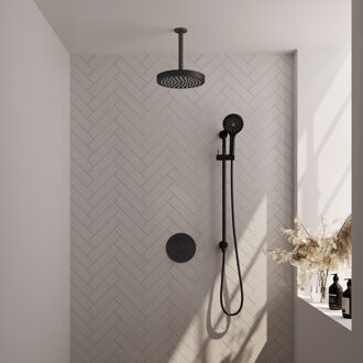 Brauer Stripe Thermostatische Inbouw Regendouche - 3-weg - rond - SET 48 - 25cm douchekop - plafondarm - 3-standen handdouche - doucheslang - geïntegreerde glijstang - mat zwart 5-S-459