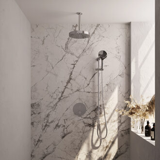 Brauer Stripe thermostatische inbouw regendouche 3-weg rond SET 48 met 25 cm douchekop en plafondarm en 3-standen handdouche en doucheslang en geintegreerde glijstang chroom