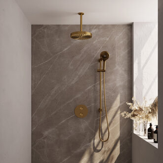Brauer Stripe thermostatische inbouw regendouche 3-weg rond SET 48 met 25 cm douchekop en plafondarm en 3-standen handdouche en doucheslang en geintegreerde glijstang goud geborsteld PVD