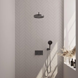 Brauer Stripe Thermostatische Inbouw Regendouche - drukknoppen - 25cm douchekop - gebogen muurarm - 3-standen handdouche - doucheslang - wandaansluitbocht - gunmetal geborsteld PVD 5-GM-421 gunmetal (antraciet)