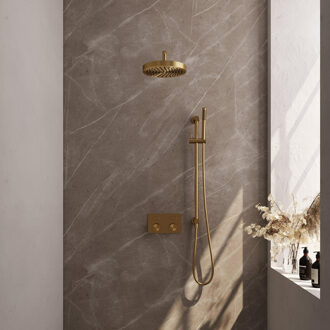 Brauer Stripe Thermostatische Inbouw Regendouche - drukknoppen - 25cm douchekop - gebogen muurarm - staaf handdouche - doucheslang - geïntegreerde glijstang - goud geborsteld PVD 5-GG-427