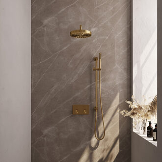 Brauer Stripe Thermostatische Inbouw Regendouche - drukknoppen - 25cm douchekop - gebogen muurarm - staaf handdouche - doucheslang - geïntegreerde glijstang - goud geborsteld PVD 5-GG-427