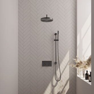 Brauer Stripe Thermostatische Inbouw Regendouche - drukknoppen - 25cm douchekop - gebogen muurarm - staaf handdouche - doucheslang - geïntegreerde glijstang - gunmetal geborsteld PVD 5-GM-427 gunmetal (antraciet)