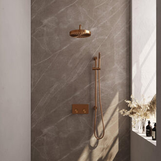 Brauer Stripe Thermostatische Inbouw Regendouche - drukknoppen - 25cm douchekop - gebogen muurarm - staaf handdouche - doucheslang - geïntegreerde glijstang - koper geborsteld PVD 5-GK-427