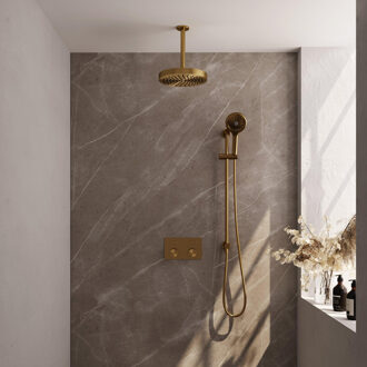 Brauer Stripe Thermostatische Inbouw Regendouche - drukknoppen - 25cm douchekop - plafondarm - 3-standen handdouche - doucheslang - geïntegreerde glijstang - goud geborsteld PVD 5-GG-435