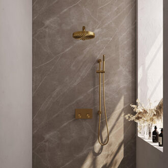 Brauer Stripe Thermostatische Inbouw Regendouche - drukknoppen - 25cm douchekop - rechte muurarm - staaf handdouche - doucheslang - geïntegreerde glijstang - goud geborsteld PVD 5-GG-425