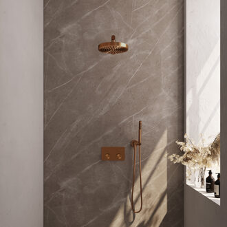 Brauer Stripe Thermostatische Inbouw Regendouche - drukknoppen - SET 25 - 25cm douchekop - rechte muurarm - staaf handdouche - doucheslang - wandaansluitbocht - koper geborsteld PVD 5-GK-413