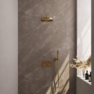 Brauer Stripe Thermostatische Inbouw Regendouche - drukknoppen - SET 26 - 25cm douchekop - gebogen muurarm - staaf handdouche - doucheslang - wandaansluitbocht - goud geborsteld PVD 5-GG-415