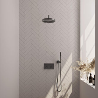 Brauer Stripe Thermostatische Inbouw Regendouche - drukknoppen - SET 26 - 25cm douchekop - gebogen muurarm - staaf handdouche - doucheslang - wandaansluitbocht - gunmetal geborsteld PVD 5-GM-415 gunmetal (antraciet)