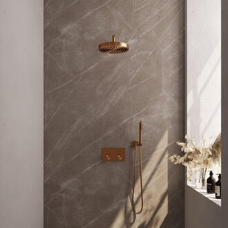 Brauer Stripe Thermostatische Inbouw Regendouche - drukknoppen - SET 26 - 25cm douchekop - gebogen muurarm - staaf handdouche - doucheslang - wandaansluitbocht - koper geborsteld PVD 5-GK-415