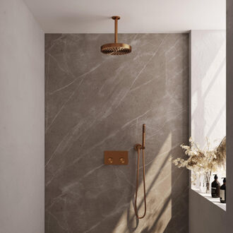 Brauer Stripe Thermostatische Inbouw Regendouche - drukknoppen - SET 27 - 25cm douchekop - plafondarm - staaf handdouche - doucheslang - wandaansluitbocht - koper geborsteld PVD 5-GK-417